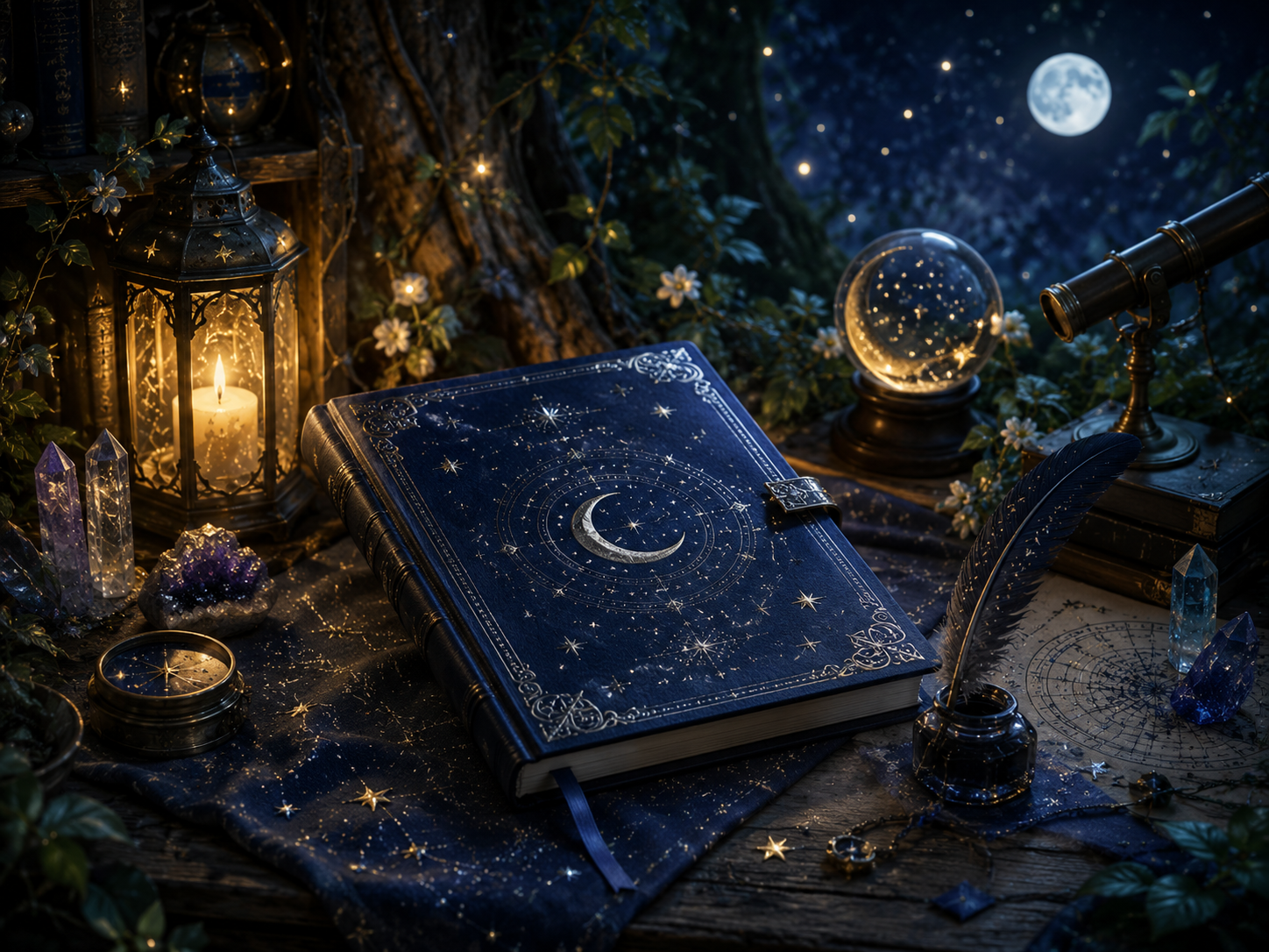 Celestial and moon-themed journal with starry night sky cover design